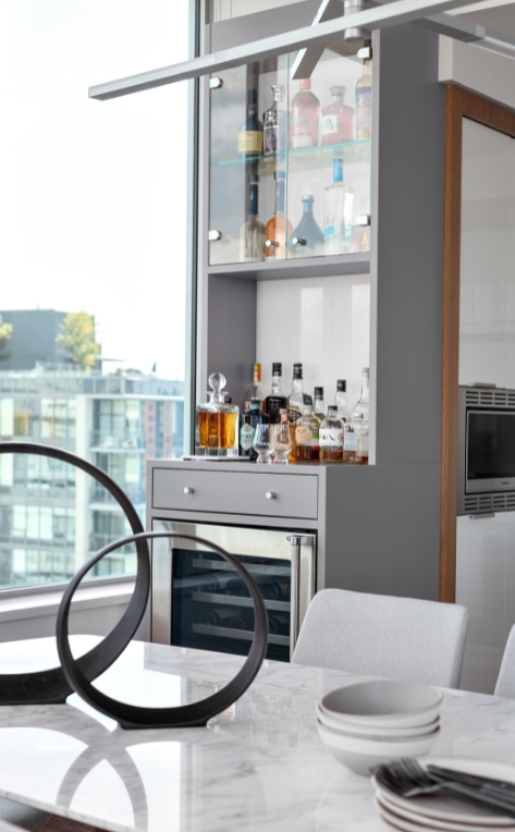 cocktail wet bar in dining room designed by Kalu Interiors